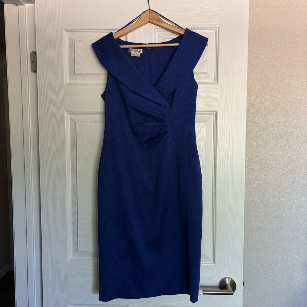 Kay Unger Blue Asymmetrical Pleated Cocktail Dress